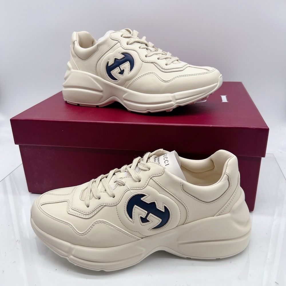 Gucci Rhyton Interlock G Women Platform Sneaker Ivory Blue Leather UK 5.5 US 8.5